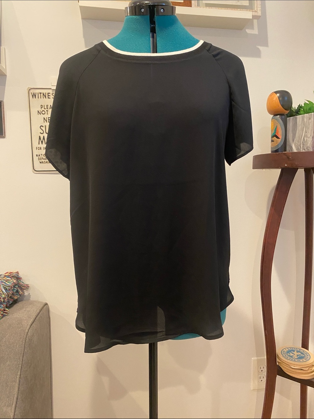 LOFT Black Short-Sleeve Chiffon Blouse with White Neck Trim